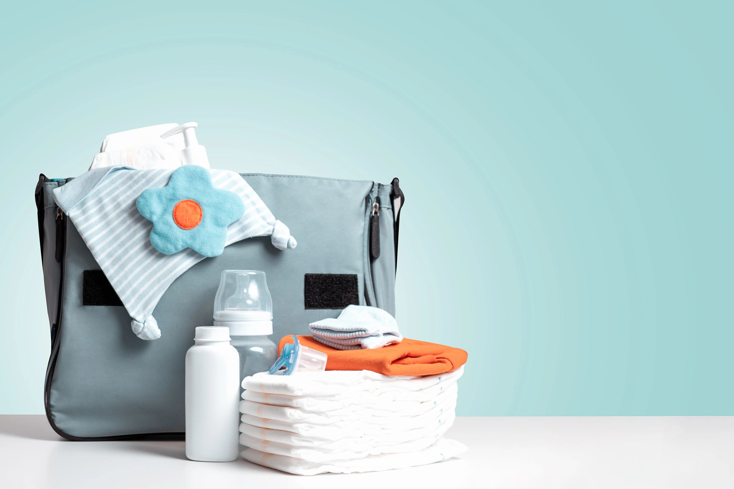 Packed diaper bag with baby essentials